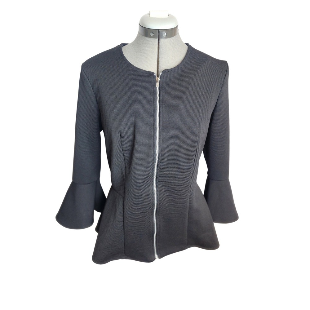 Alex & Olivia Womens Black Textured Peplum Zip Up Jacket Bell Sleeve Small